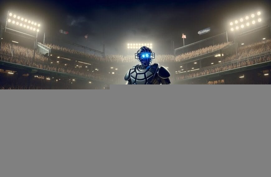 A humanoid robot catcher stands in a baseball field under stadium lights, surrounded by players and a full audience. This latest MLB innovation showcases the future of robot umpires, blending technology with tradition for an exciting new era in baseball.