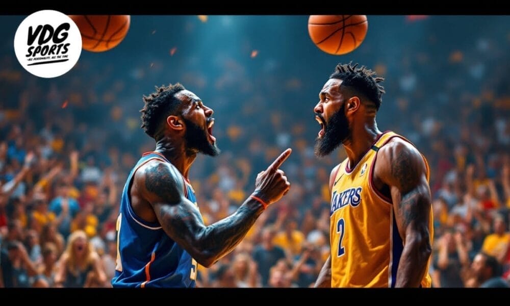 Two confident basketball players face each other, appearing to argue on a court. One player is in a blue uniform and the other in yellow, both boasting beards and tattoos. A logo in the top left corner reads "VDG Sports.