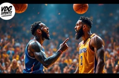 Two confident basketball players face each other, appearing to argue on a court. One player is in a blue uniform and the other in yellow, both boasting beards and tattoos. A logo in the top left corner reads "VDG Sports.