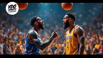 Two confident basketball players face each other, appearing to argue on a court. One player is in a blue uniform and the other in yellow, both boasting beards and tattoos. A logo in the top left corner reads "VDG Sports.