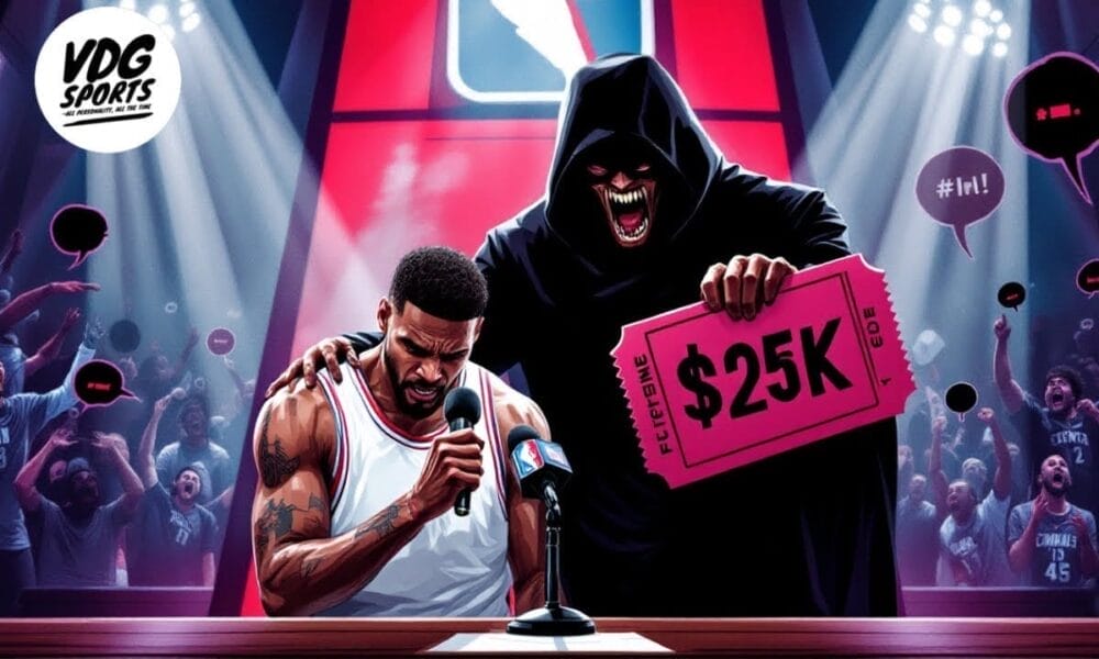 An animated scene reveals an NBA player in a white jersey looking down, holding a microphone. Behind him, a hooded figure with sharp teeth flaunts a large pink ticket labeled "$25K." Excited fans cheer wildly, raising their hands in anticipation of epic NBA makes.