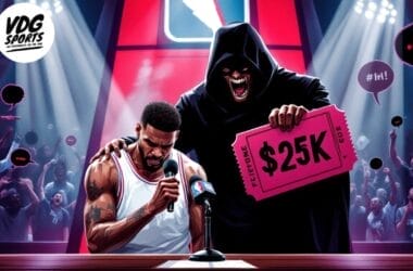 An animated scene reveals an NBA player in a white jersey looking down, holding a microphone. Behind him, a hooded figure with sharp teeth flaunts a large pink ticket labeled "$25K." Excited fans cheer wildly, raising their hands in anticipation of epic NBA makes.