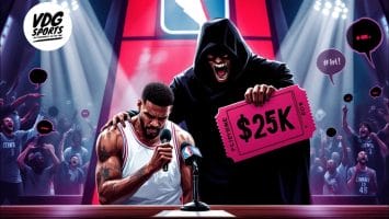 An animated scene reveals an NBA player in a white jersey looking down, holding a microphone. Behind him, a hooded figure with sharp teeth flaunts a large pink ticket labeled "$25K." Excited fans cheer wildly, raising their hands in anticipation of epic NBA makes.
