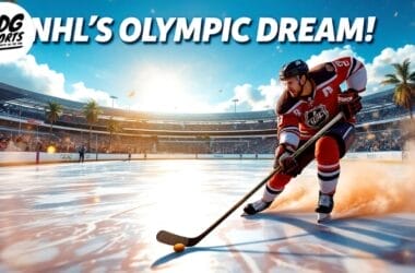 A hockey player in a red and white uniform skates on an outdoor rink with palm trees and cheering fans in the background. The sun sets behind the stadium. Text reads, "NHL's Olympic Dream!" and "VDG Sports." Perfect for those seeking NHL advice.