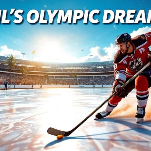 A hockey player in a red and white uniform skates on an outdoor rink with palm trees and cheering fans in the background. The sun sets behind the stadium. Text reads, "NHL's Olympic Dream!" and "VDG Sports." Perfect for those seeking NHL advice.