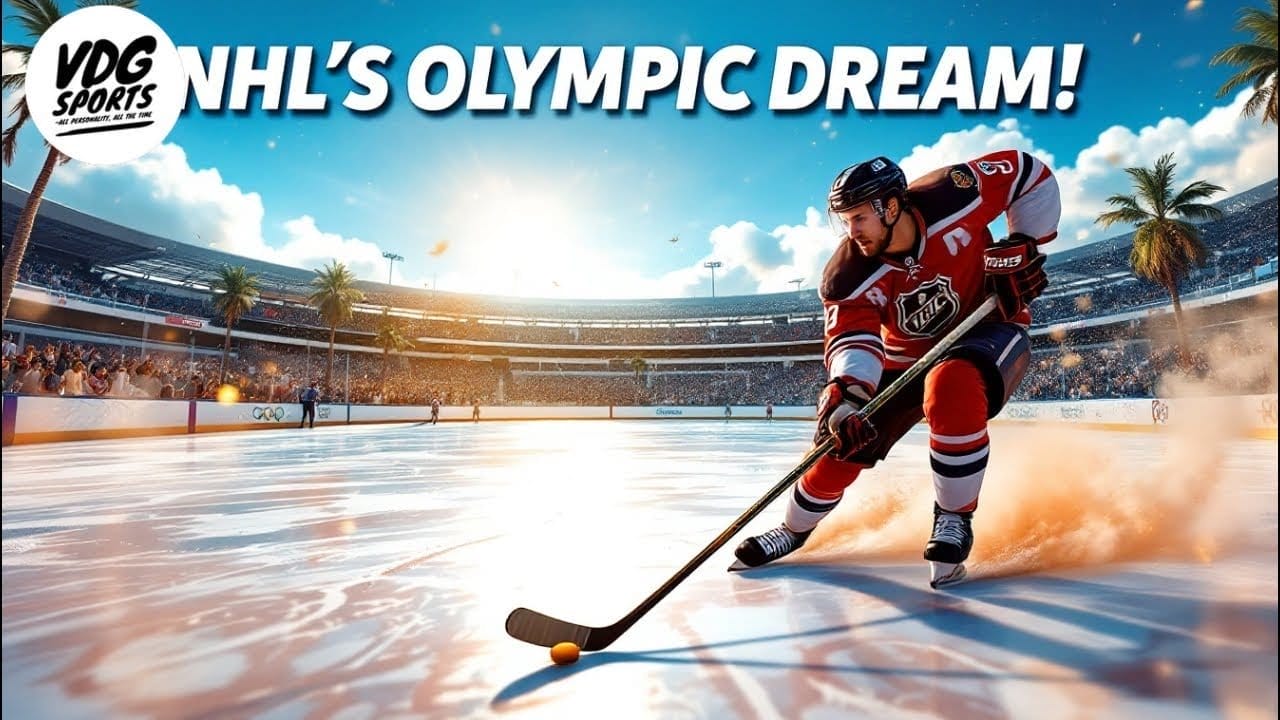 A hockey player in a red and white uniform skates on an outdoor rink with palm trees and cheering fans in the background. The sun sets behind the stadium. Text reads, "NHL's Olympic Dream!" and "VDG Sports." Perfect for those seeking NHL advice.
