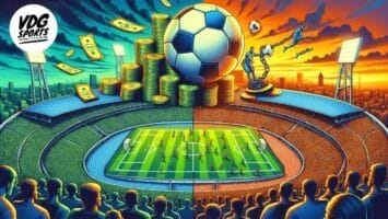 Illustration depicting a stadium showing a soccer match, with a large soccer ball balanced on top. The background shows stacks of coins and chains of money, highlighting the financial aspect influenced by FIFA rules in maintaining competitive balance.