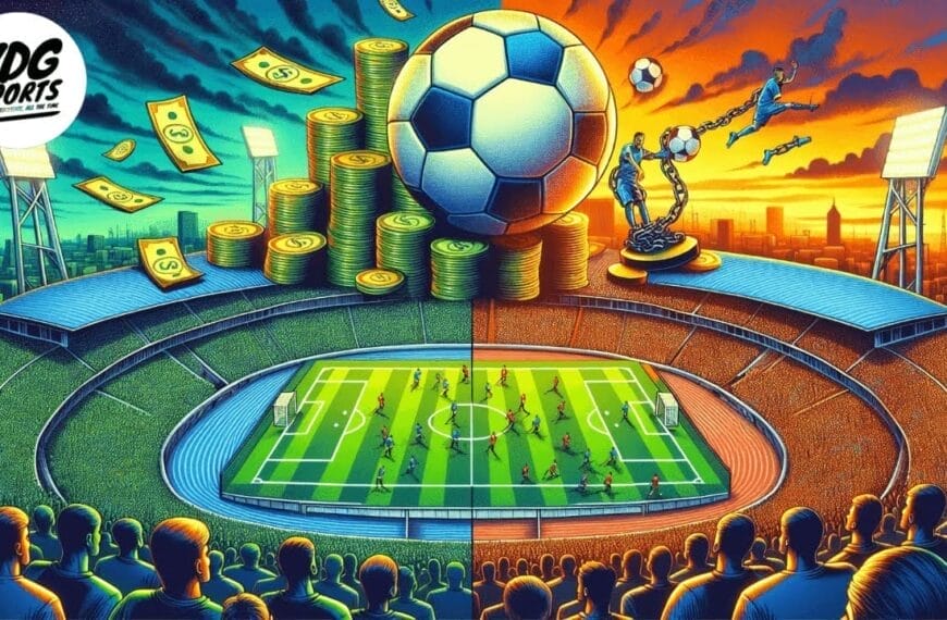 Illustration depicting a stadium showing a soccer match, with a large soccer ball balanced on top. The background shows stacks of coins and chains of money, highlighting the financial aspect influenced by FIFA rules in maintaining competitive balance.