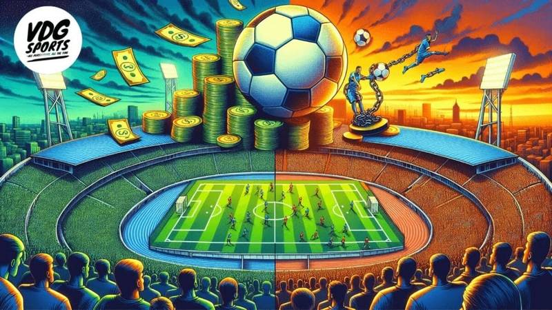 Illustration depicting a stadium showing a soccer match, with a large soccer ball balanced on top. The background shows stacks of coins and chains of money, highlighting the financial aspect influenced by FIFA rules in maintaining competitive balance.