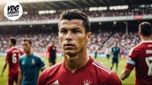 A soccer player in a red uniform stands in focus on the field with a blurred crowd and other players in the background. The VDG Sports logo is in the top left corner, reminiscent of Cristiano Ronaldo's iconic moments at Manchester United displaying a winning mentality.