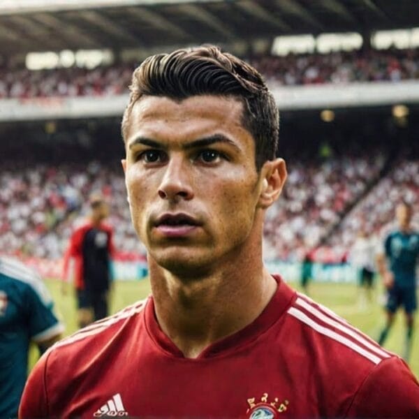 A soccer player in a red uniform stands in focus on the field with a blurred crowd and other players in the background. The VDG Sports logo is in the top left corner, reminiscent of Cristiano Ronaldo's iconic moments at Manchester United displaying a winning mentality.