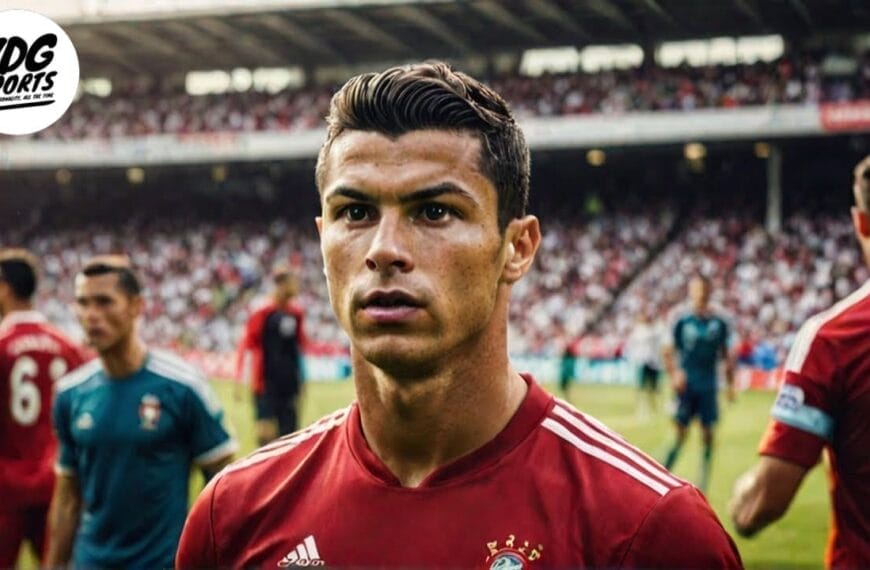 A soccer player in a red uniform stands in focus on the field with a blurred crowd and other players in the background. The VDG Sports logo is in the top left corner, reminiscent of Cristiano Ronaldo's iconic moments at Manchester United displaying a winning mentality.