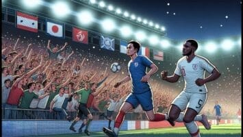 Two soccer players in blue and white jerseys chase a ball in a stadium filled with cheering fans, highlighting the excitement of promoting smaller leagues. National flags hang above the stands, symbolizing global unity through football sustainability.