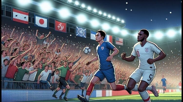 Two soccer players in blue and white jerseys chase a ball in a stadium filled with cheering fans, highlighting the excitement of promoting smaller leagues. National flags hang above the stands, symbolizing global unity through football sustainability.