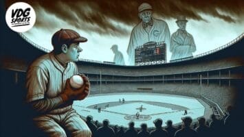 A Major League Baseball player stands on the field with looming ghostly figures of past players in the sky above a stadium, hinting at the future of baseball and its evolution as a cornerstone of sports entertainment.