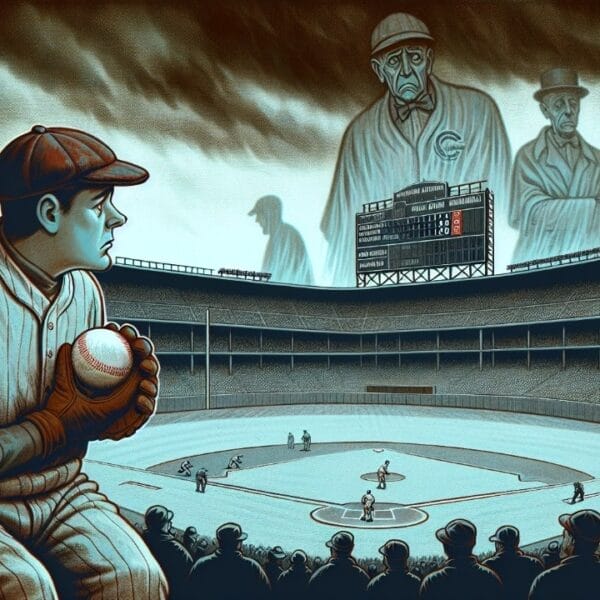 A Major League Baseball player stands on the field with looming ghostly figures of past players in the sky above a stadium, hinting at the future of baseball and its evolution as a cornerstone of sports entertainment.