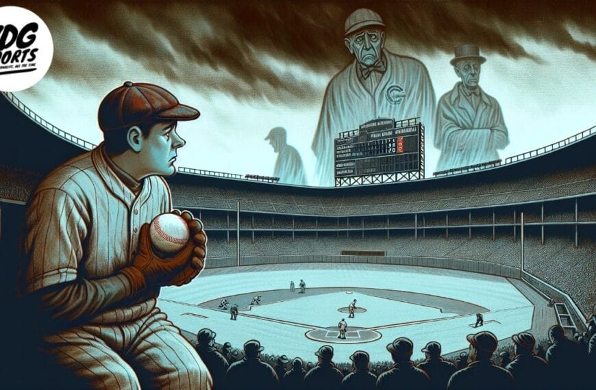 A Major League Baseball player stands on the field with looming ghostly figures of past players in the sky above a stadium, hinting at the future of baseball and its evolution as a cornerstone of sports entertainment.