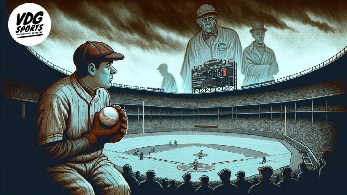 A Major League Baseball player stands on the field with looming ghostly figures of past players in the sky above a stadium, hinting at the future of baseball and its evolution as a cornerstone of sports entertainment.