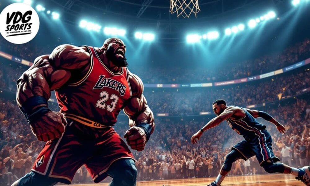 Illustration of a basketball game in a packed stadium. A muscular player in a red Lakers jersey with the number 23 shouts triumphantly near the hoop, while an NBA dirty player in a blue jersey runs nearby. The audience is cheering in the background.