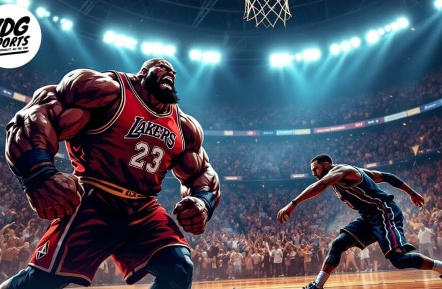 Illustration of a basketball game in a packed stadium. A muscular player in a red Lakers jersey with the number 23 shouts triumphantly near the hoop, while an NBA dirty player in a blue jersey runs nearby. The audience is cheering in the background.