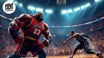 Illustration of a basketball game in a packed stadium. A muscular player in a red Lakers jersey with the number 23 shouts triumphantly near the hoop, while an NBA dirty player in a blue jersey runs nearby. The audience is cheering in the background.