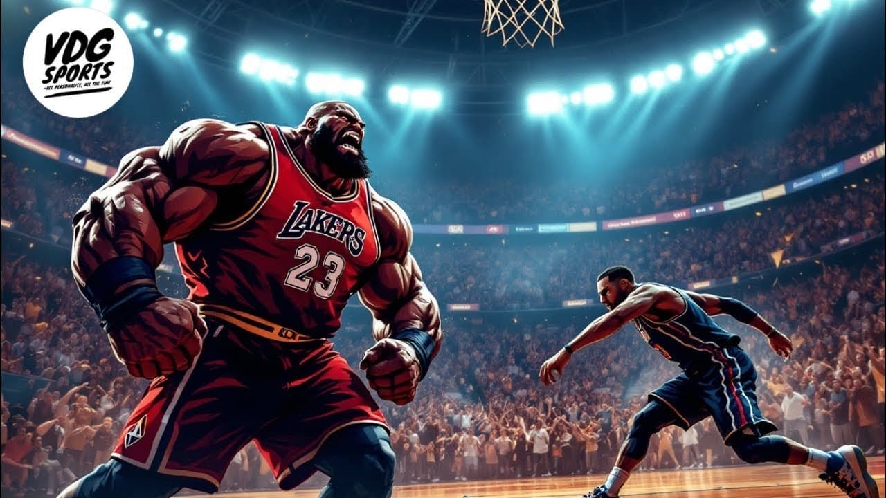 Illustration of a basketball game in a packed stadium. A muscular player in a red Lakers jersey with the number 23 shouts triumphantly near the hoop, while an NBA dirty player in a blue jersey runs nearby. The audience is cheering in the background.