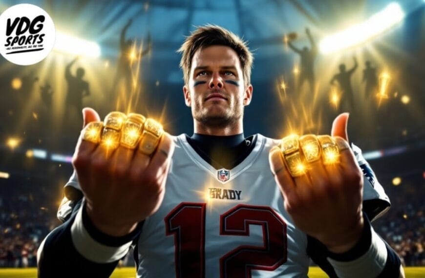 A football player in a number 12 jersey stands in a stadium, displaying both fists with glowing rings. As the best NFL quarterback, "Brady" wears black eye paint and a determined look. Bright lights and cheering silhouettes fill the background.