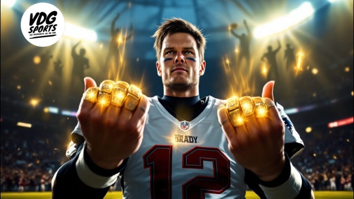 A football player in a number 12 jersey stands in a stadium, displaying both fists with glowing rings. As the best NFL quarterback, "Brady" wears black eye paint and a determined look. Bright lights and cheering silhouettes fill the background.