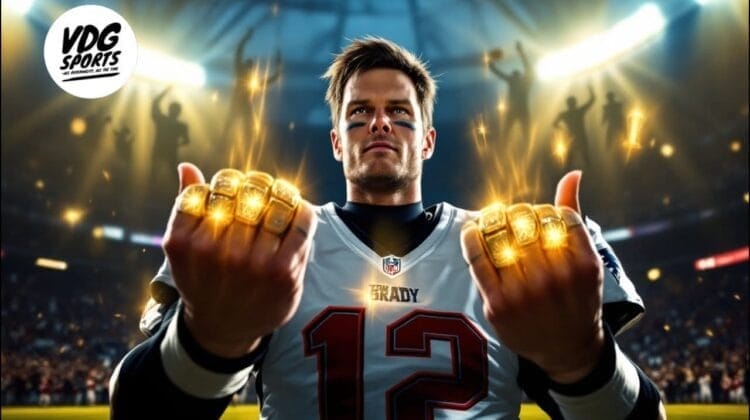 A football player in a #12 jersey, labeled "Brady," stands in a stadium with a determined expression—embodying the best NFL quarterback. He flaunts glowing championship rings on each hand, as fans and stadium lights glow behind him. VDG Sports logo is visible.