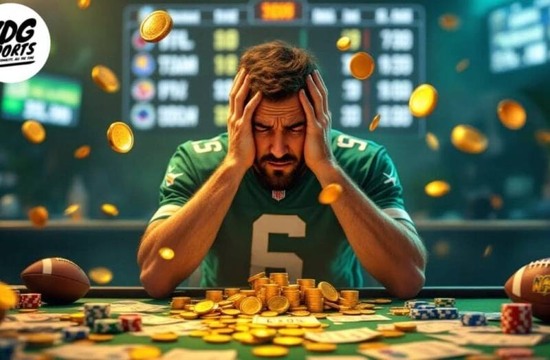 A man in a green football jersey sits at a table covered with chips, cards, and cash, holding his head in frustration. Gold coins float around him. With NFL logos and a betting scoreboard behind him, the tension of predicting the NFL season and playoffs is clear.