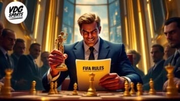 A confident man in a suit holds a gold trophy and a paper labeled “FIFA RULES” while sitting at a chessboard. He is surrounded by serious men in suits in a grand, golden-lit room. The VDG Sports logo appears in the upper left corner.
