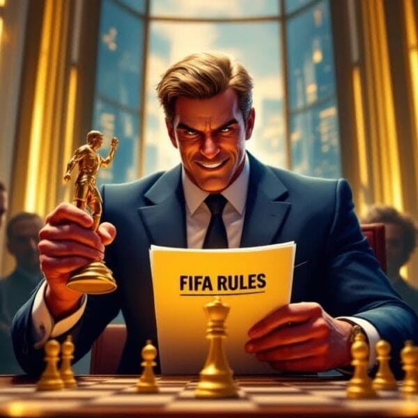 A confident man in a suit holds a gold trophy and a paper labeled “FIFA RULES” while sitting at a chessboard. He is surrounded by serious men in suits in a grand, golden-lit room. The VDG Sports logo appears in the upper left corner.