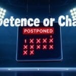Two basketball players stand on a dimly lit court, facing a scoreboard that reads "POSTPONED" with red X marks. Above, bold text asks "Competence or Chaos?"—highlighting the uncertainty even elite league or NBA teams can face. VDG Sports logo top left.