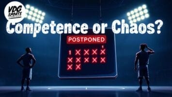 Two basketball players stand on a dimly lit court, facing a scoreboard that reads "POSTPONED" with red X marks. Above, bold text asks "Competence or Chaos?"—highlighting the uncertainty even elite league or NBA teams can face. VDG Sports logo top left.