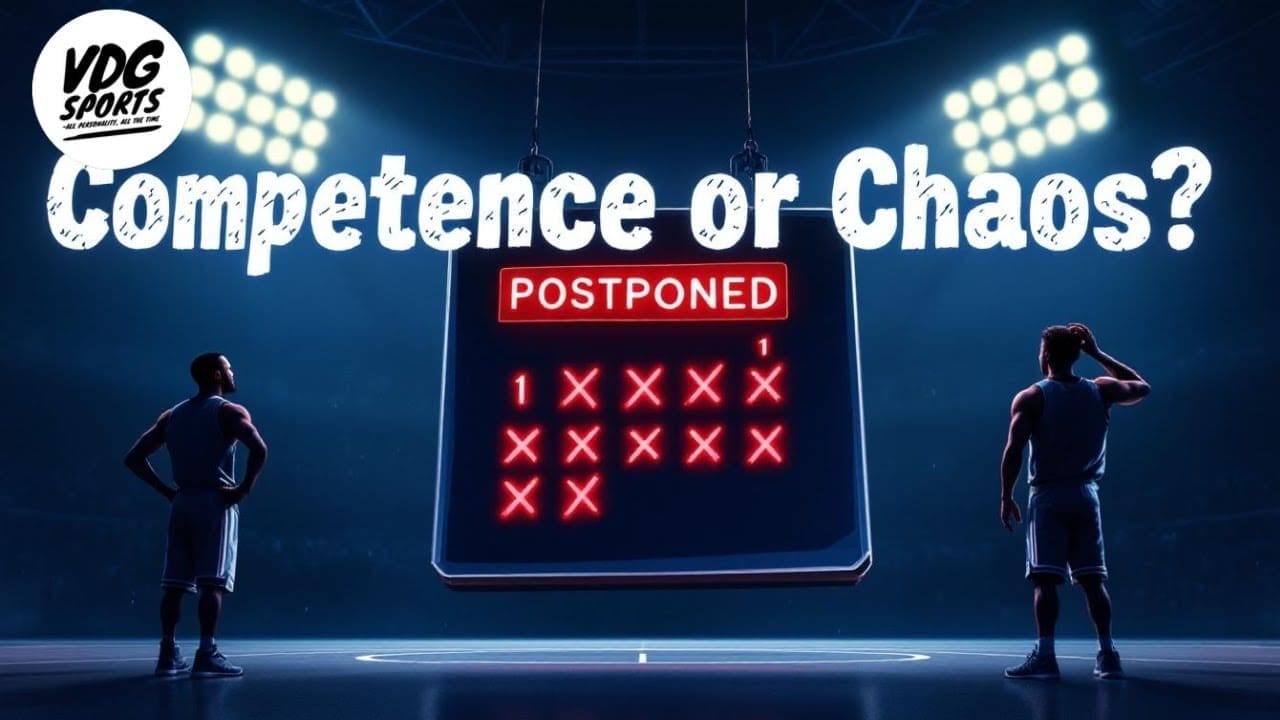 Two basketball players stand on a dimly lit court, facing a scoreboard that reads "POSTPONED" with red X marks. Above, bold text asks "Competence or Chaos?"—highlighting the uncertainty even elite league or NBA teams can face. VDG Sports logo top left.