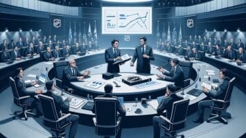 A high-tech conference room with multiple delegates seated around a large oval table, two men presenting NHL actions needed at the center.