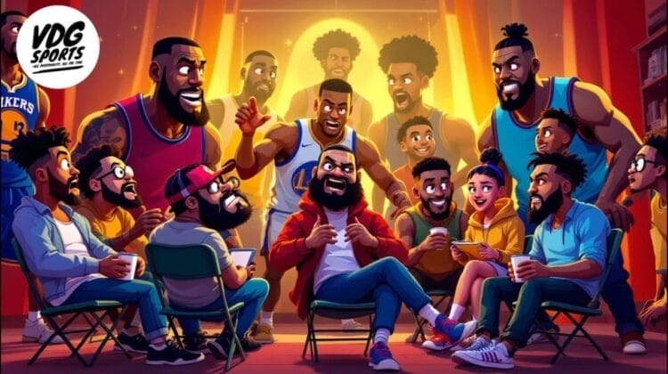 A lively illustration shows a group of animated characters sitting in a circle, chatting and laughing, with NBA player haters in the background. There's a large logo in the top left corner that says "VDG Sports." Everyone is holding cups as they interact.