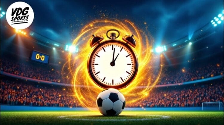 A football is centered on a field in a stadium. An oversized alarm clock with a swirling orange glow hovers above it. Bright stadium lights illuminate the scene, and a scoreboard in the background shows 0-0. The VDG Sports logo is visible in the upper left.