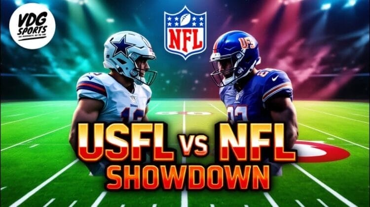 In a spotlight-illuminated illustration of a football field, two American football players face off—one in a white helmet and the other in blue. The text "USFL vs NFL SHOWDOWN" appears boldly, though it's clear the USFL is not battling against its bigger counterpart. League logos hover above.