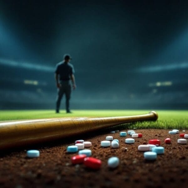 A wooden baseball bat rests on a field strewn with red and white pills, hinting at the ongoing MLB debate. Two blurred figures stand in the background under stadium lights, embodying the league's controversy. The VDG Sports logo is prominently displayed in the top left corner.