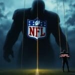 A large shadowy football player with an NFL XFL logo looms under a cloudy sky. In the foreground, a smaller player, distinctly representing the XFL, stands on the field. Stadium lights illuminate the scene. The VDG Sports logo is in the top left corner.