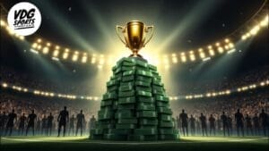 A glowing trophy sits atop a large stack of cash on a sports field, symbolizing the financial investment in football. Silhouetted figures surround it, while bright stadium lights reveal thousands of spectators beyond. The VDG Sports logo graces the top left corner, hinting at Vince Douglas Gregory's insight.