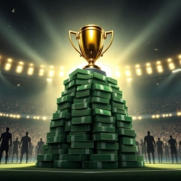 A glowing trophy sits atop a large stack of cash on a sports field, symbolizing the financial investment in football. Silhouetted figures surround it, while bright stadium lights reveal thousands of spectators beyond. The VDG Sports logo graces the top left corner, hinting at Vince Douglas Gregory's insight.