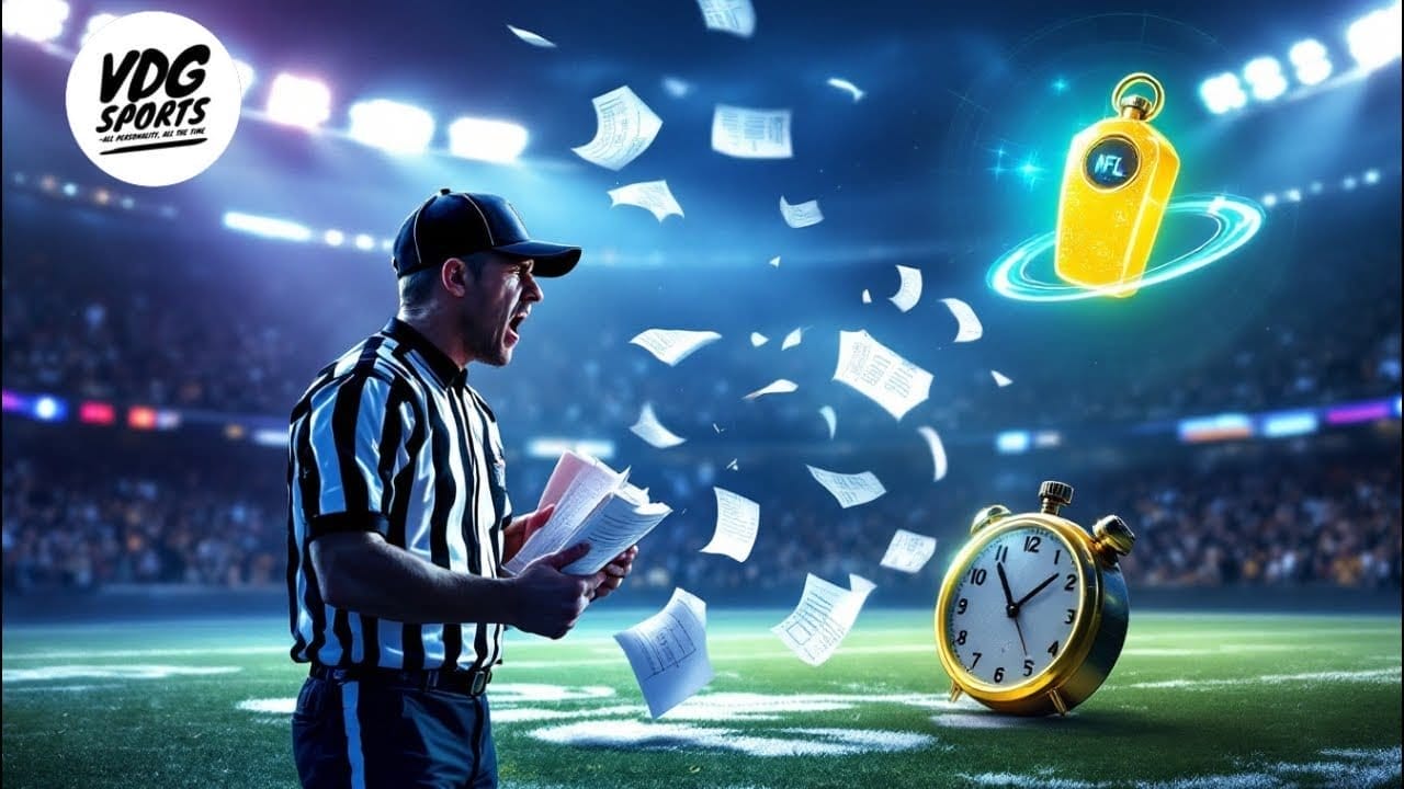 A football referee on the field shouts while holding papers, as sheets fly through the air. A golden whistle and stopwatch underscore the theme of sports and time. Stadium lights illuminate this NFL scene, where rules are paramount and every call could spark an instant replay review.