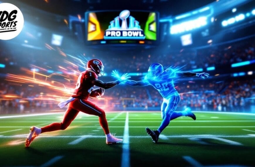 A football player in a red uniform stretches to make contact in a two-hand touch with a glowing, blue digital opponent on the brightly lit American football field. The "Pro Bowl" sign glows on the large screen, while a logo presides in the top left corner.
