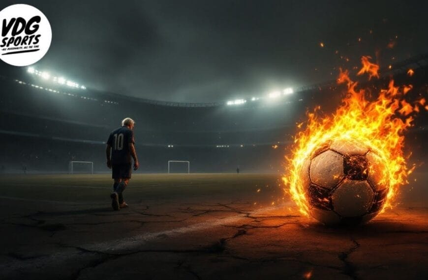 A soccer player in a dark uniform with the number 10 strides away in a dimly lit stadium, embodying the spirit of MLS no longer being a retirement league. In the foreground, a flaming soccer ball rests on cracked ground. Stadium lights cast dramatic shadows, with the VDG Sports logo in the corner.