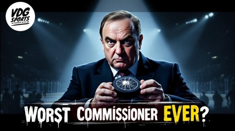 A man in a suit and tie holds a hockey puck with a stern expression. Text reads, "VDG Sports" and "Worst Commissioner Ever?" The dimly lit arena highlights the NHL leader as he stands in the spotlight.