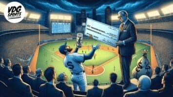 A baseball player jubilantly celebrates with a giant check on the field, while nearby, a businessman holds it proudly, symbolizing success in the MLB industry.