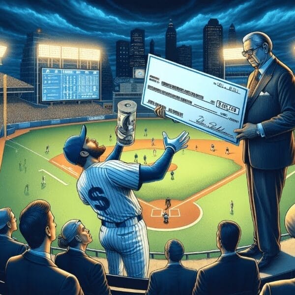 A baseball player jubilantly celebrates with a giant check on the field, while nearby, a businessman holds it proudly, symbolizing success in the MLB industry.