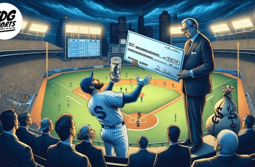 A baseball player jubilantly celebrates with a giant check on the field, while nearby, a businessman holds it proudly, symbolizing success in the MLB industry.